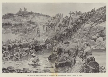 The Transvaal War, Difficulties of Transport, a Field Battery fording a River in Flood